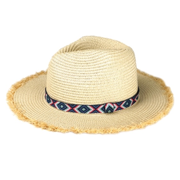 #67 FRAYED TRIM AZTEC STRAW HAT - Picture 3 of 10